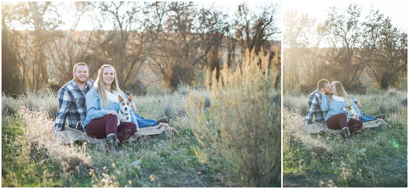 Riverside Engagement Photos Kennewick WA couple with dog in field photo