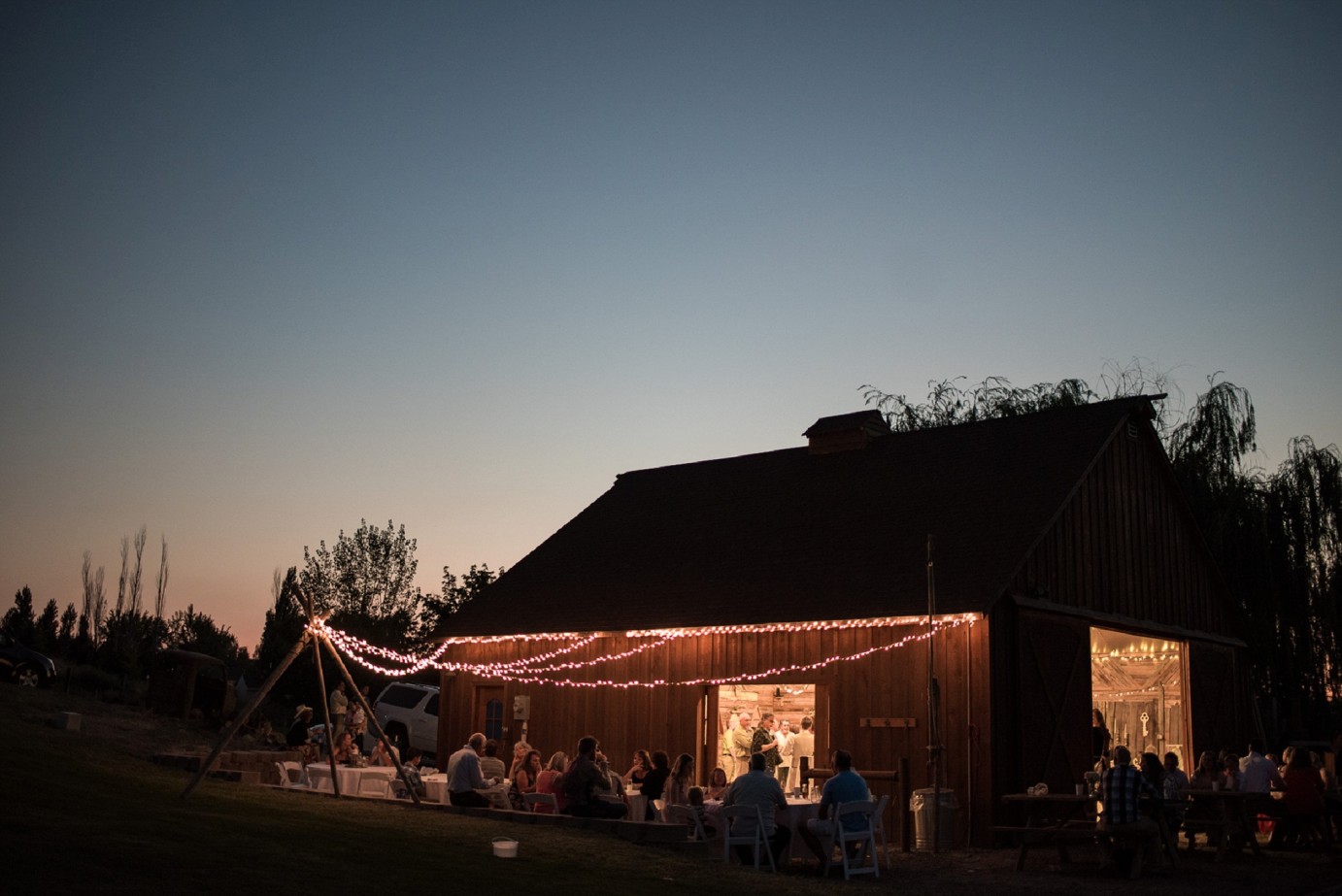 Kennewick wedding barn lit up photo