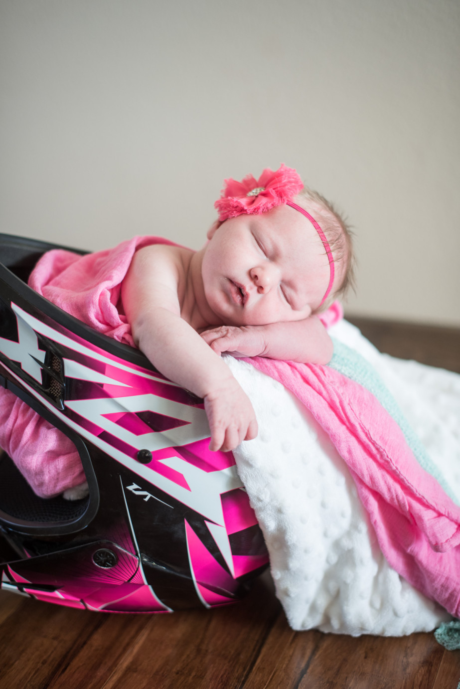 Newborn Photographer Trios Hosptial Kennewick WA Baby girl in motocycle helmet photo