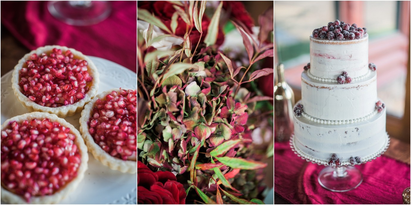 Eagle Lakes Lodge Wedding Inspiration Shoot pomegranate tarts, and sugar cranberry cake photo