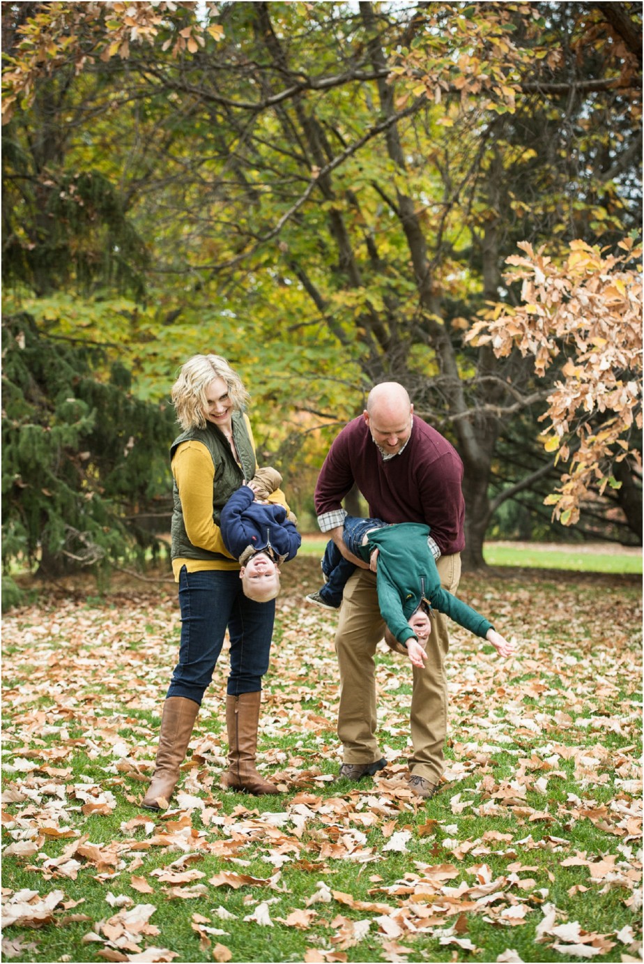 Yakima Area Arboretum Family Photographer mom and dad with boys upside down Photo