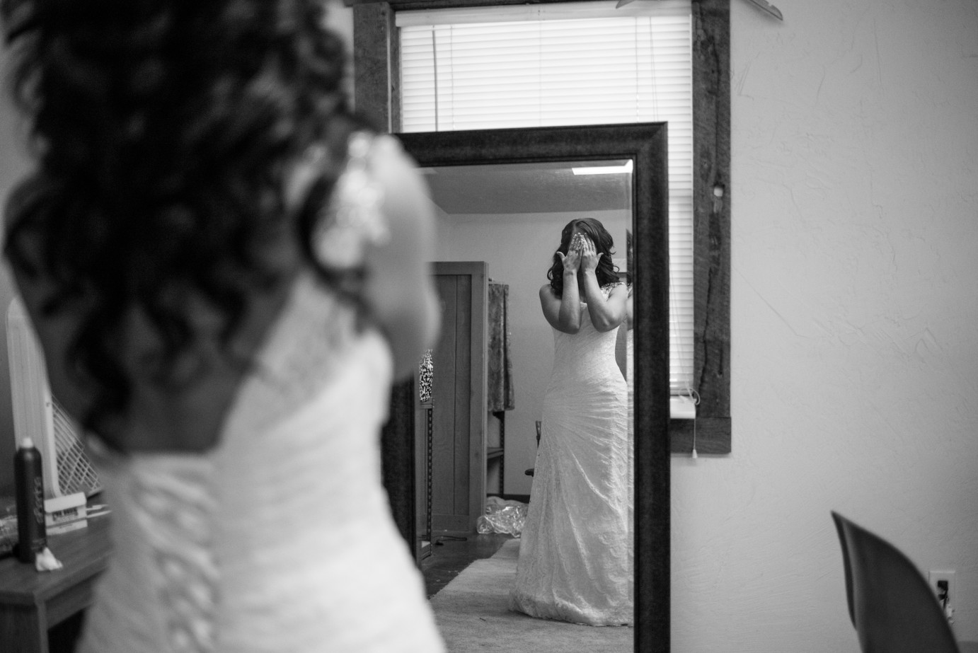 Favorite 2015 Wedding Moments Ellensburg Fairgrounds Wedding bride crying after seeing herself for the first time photo