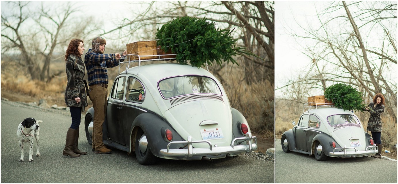 Kennewick Christmas Inspired Couple Shoot Old VW bug with Christmas tree on top photo