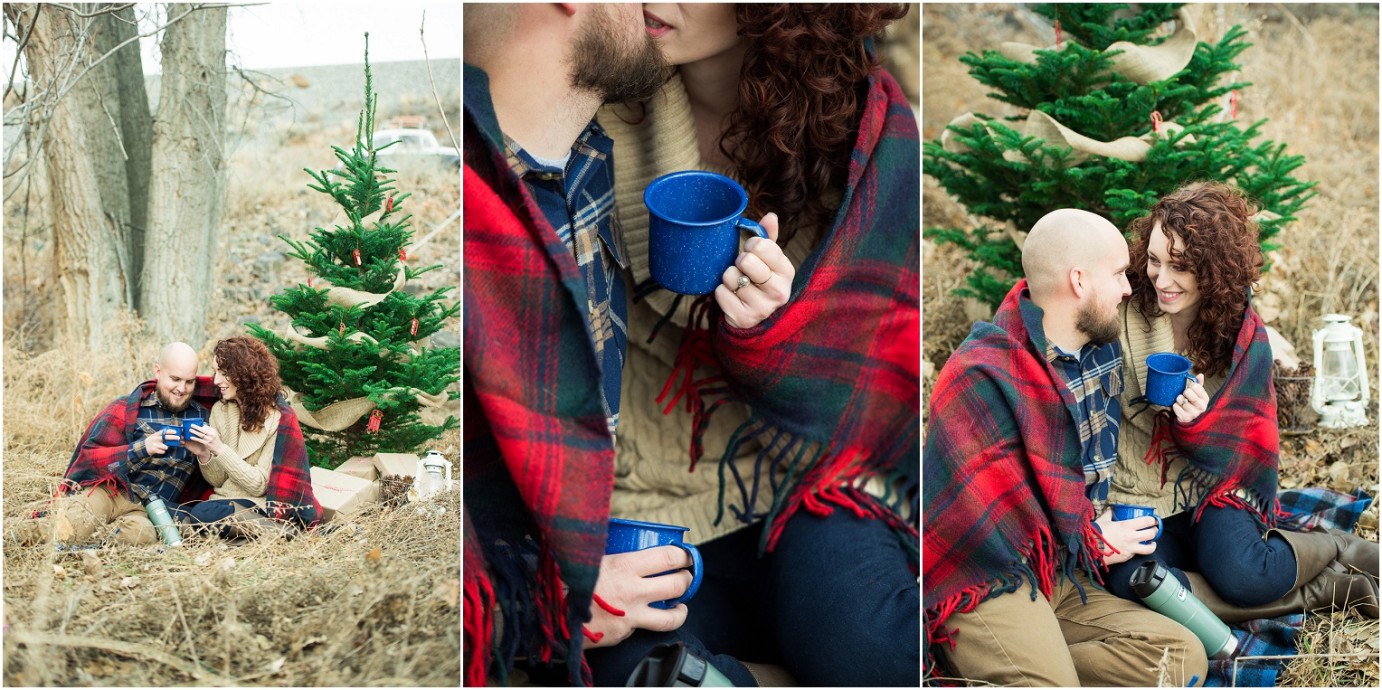 Kennewick Christmas Inspired Couple Shoot couple enjoying warm mocha on cold day photo
