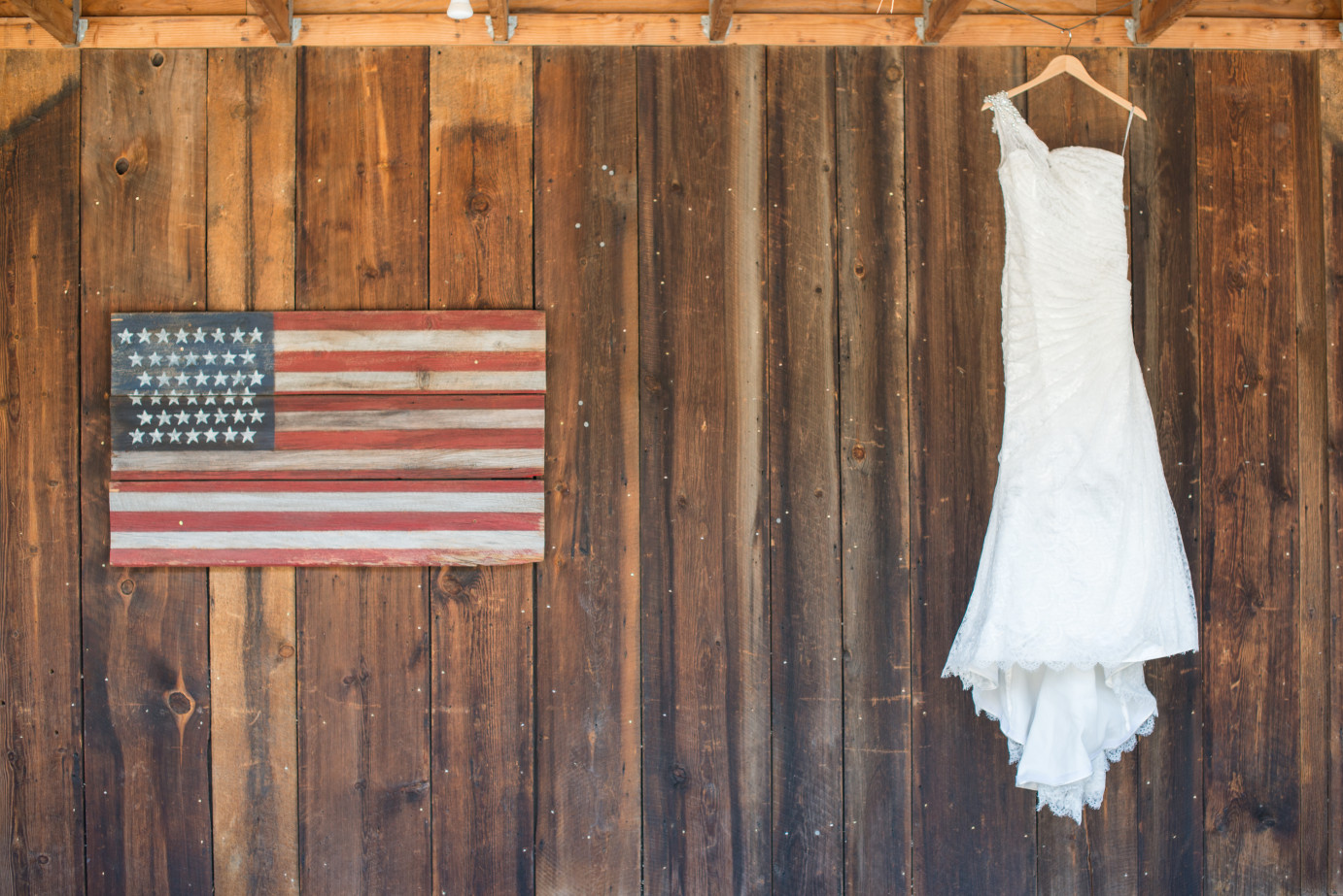 5 Thoughtful Something New Ideas for Brides New Wedding Dress hanging by american flag sign