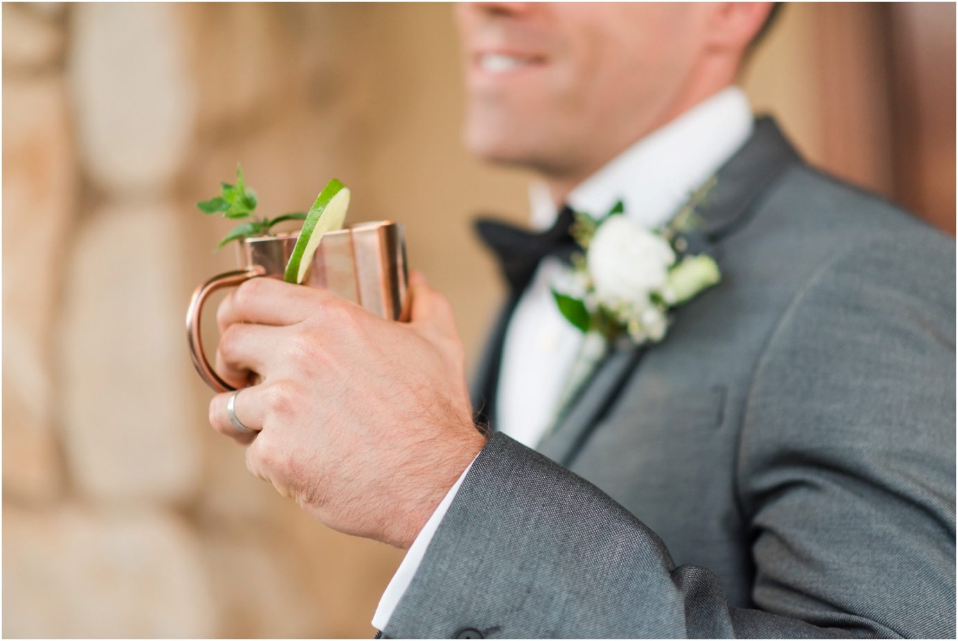 Chandler Reach Wedding Moscow Mule Inspiration Shoot groom with moscow mule mug