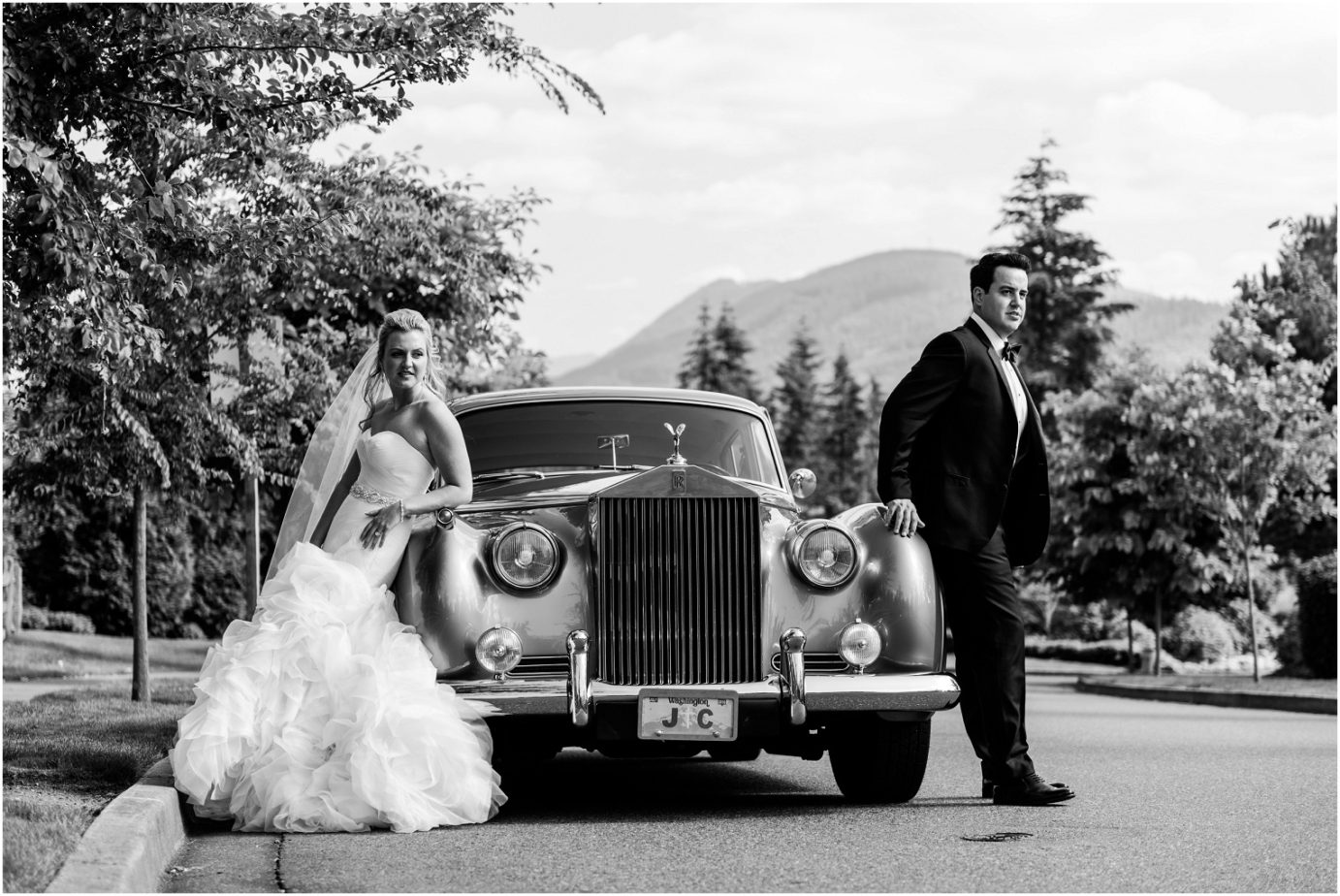 TPC Snowqualmie Ridge Wedding Christine and Josh_0001 Nina Bridal shoes Double Halo Diamond Ring Bride and groom formal portraits with Rolls Royce