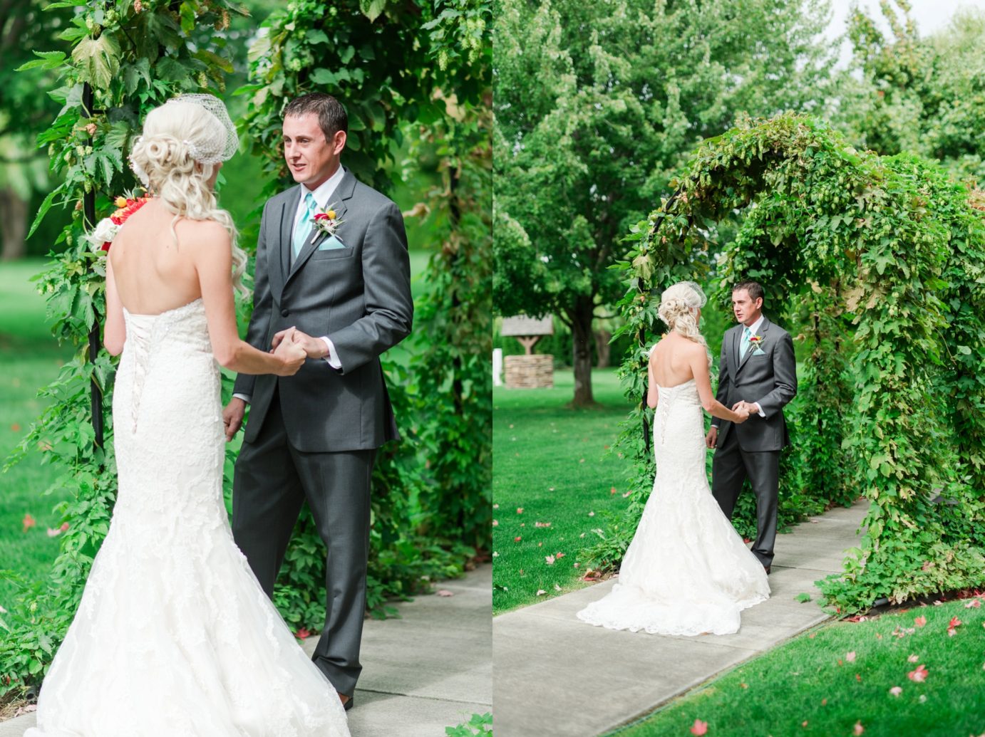 promise garden Bride and groom first look photo