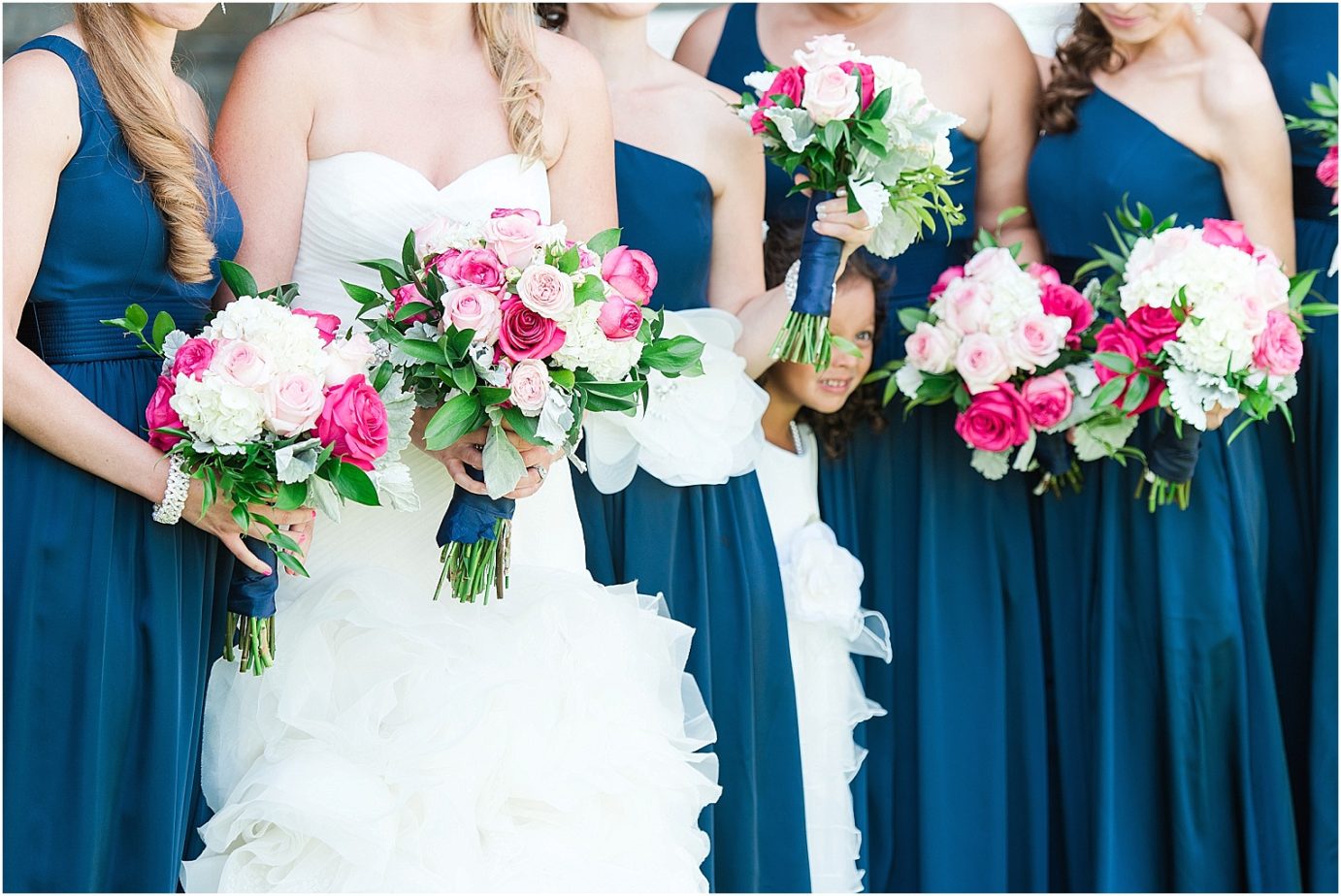 Best Wedding Bouquets of 2016 navy dresses with pink wedding florals