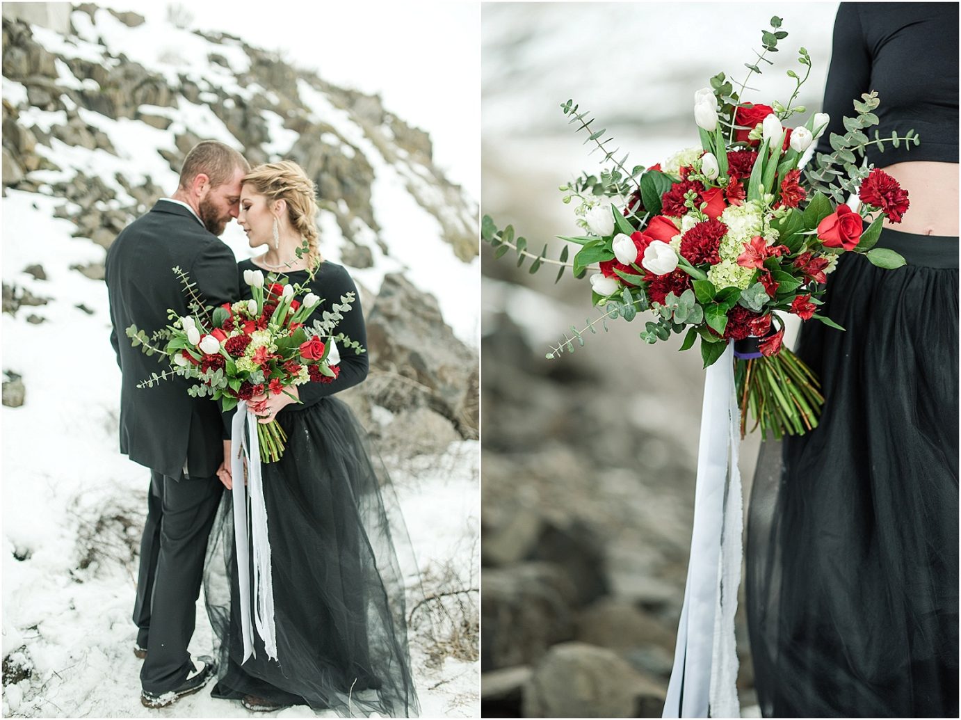 winter styled couple shoot basin city photographer Black tulle skirt and large flowing red and white bouquet