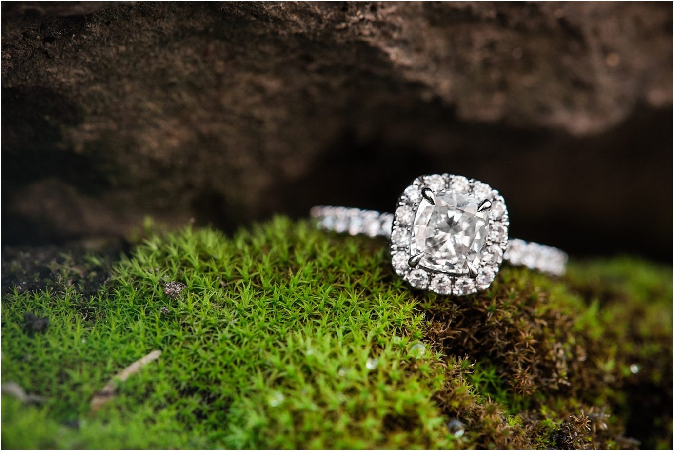 Spokane Engagement Session by the Avista Power Building with a princess cut halo diamond ring