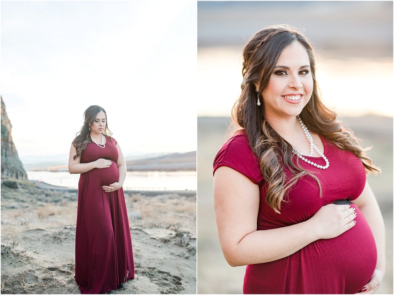 Maternity session on a sand dune in a red dress