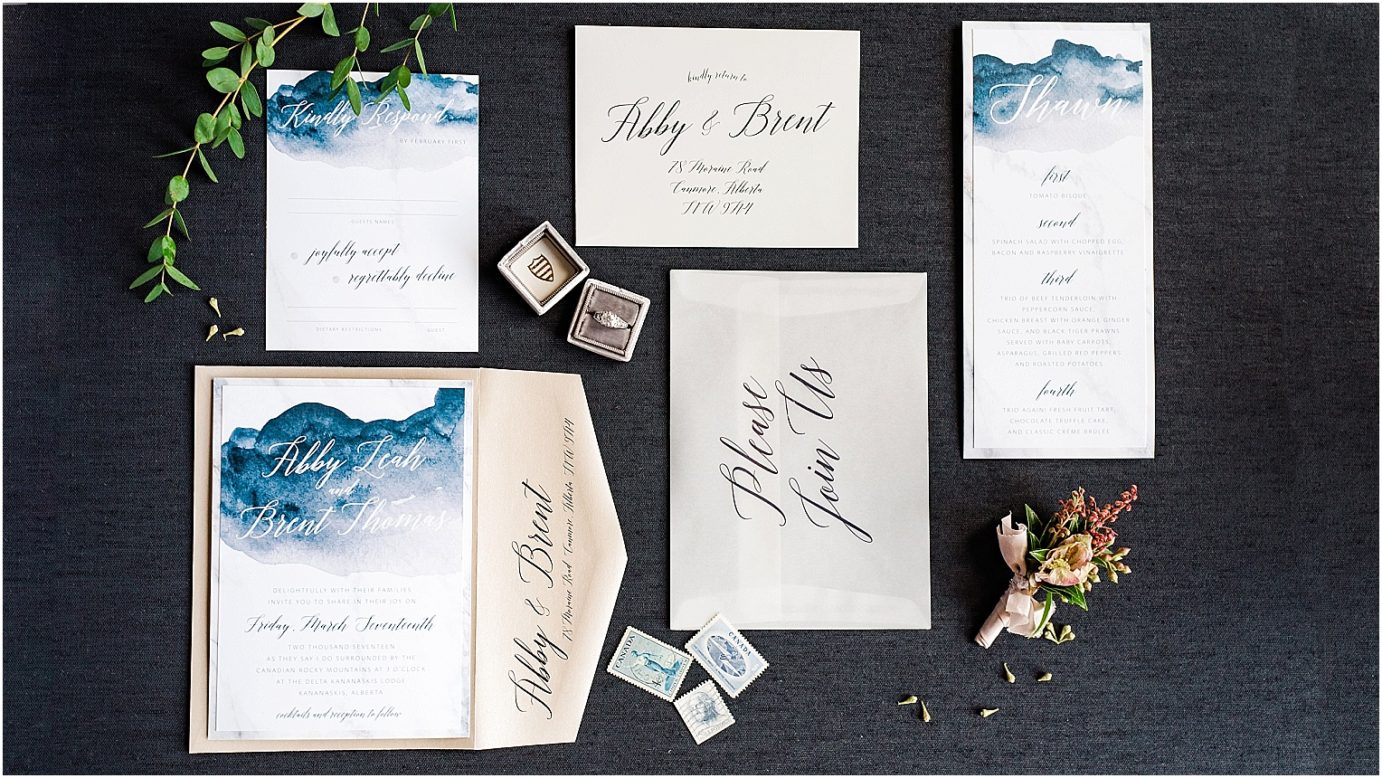 Mountain Elopement Inspiration in Banff National Park Mountains and Marble invitation suite