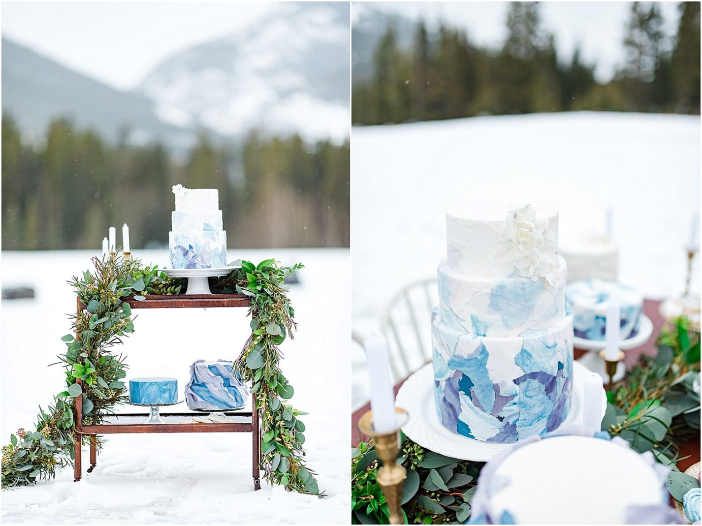 Mountain Elopement Inspiration in Banff National Park Cake table with mountains in the background