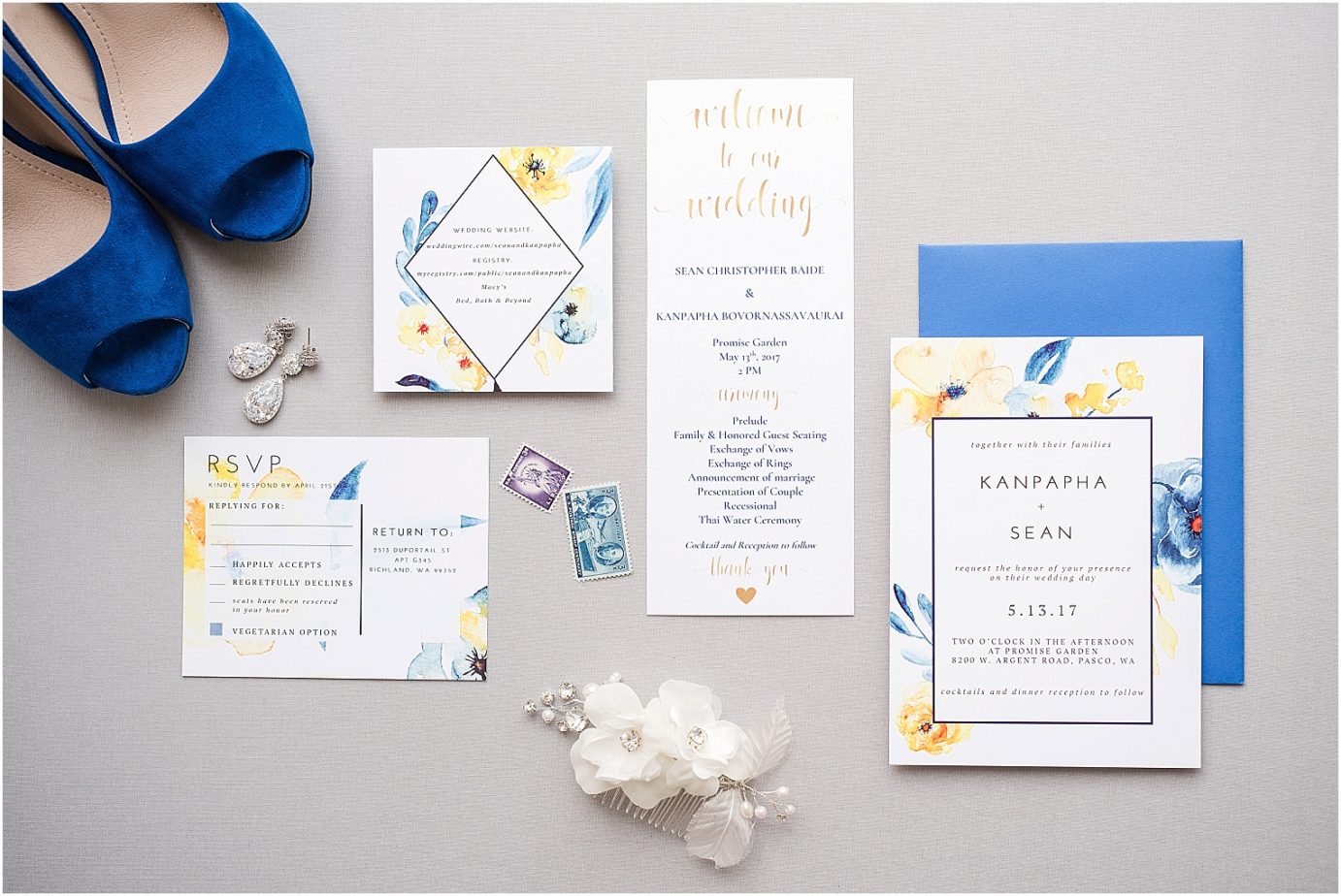 Promise Garden Wedding Pasco Photographer Navy and Yellow formal invitation suite