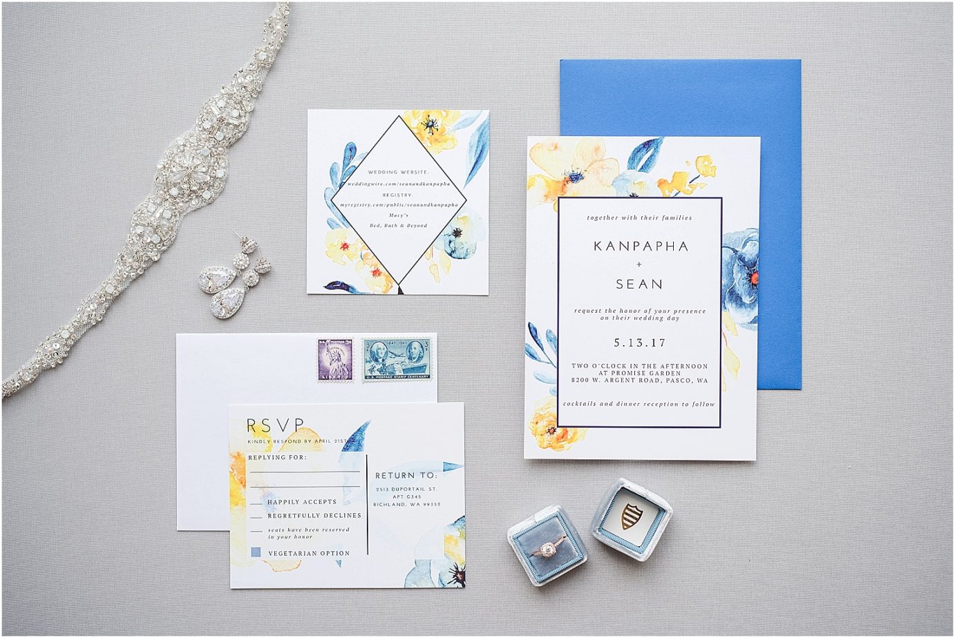 Promise Garden Wedding Pasco Photographer Navy and Yellow formal invitation suite