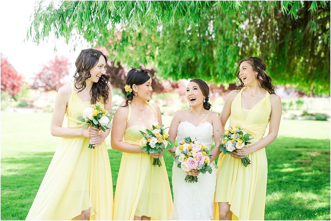 Promise Garden Wedding Pasco Photographer Bridesmaids in yellow dresses