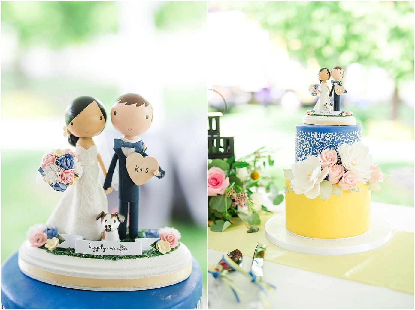 Promise Garden Wedding Pasco Photographer Blue and yellow cake with cute topper