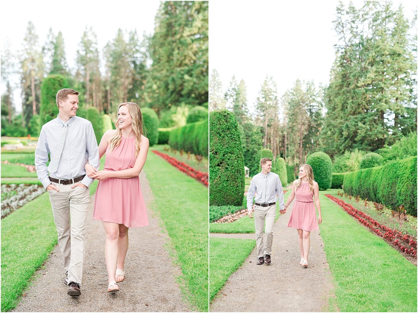 Manito Park Engagement Session Spokane Photographer Bryan and Olivia walking in Duncan Garden