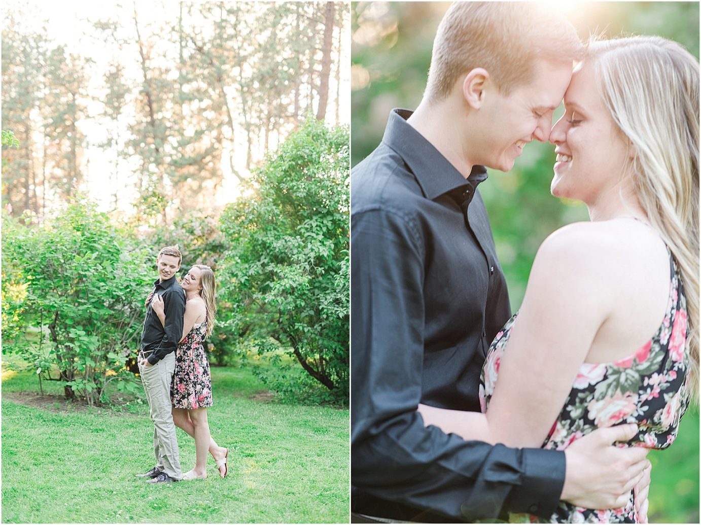 Manito Park Engagement Session Spokane Photographer Bryan and Olivia snuggling in grove of lilacs