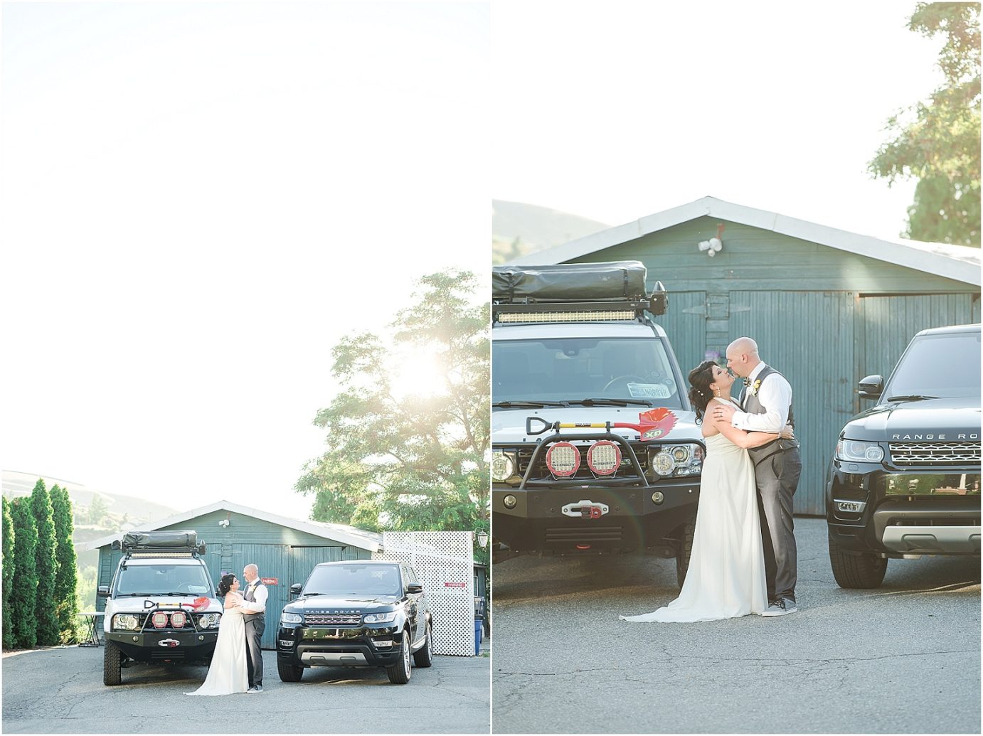 Warm Springs Inn Wedding Wenatchee WA Dana and Terri sunset photos with Land Rovers