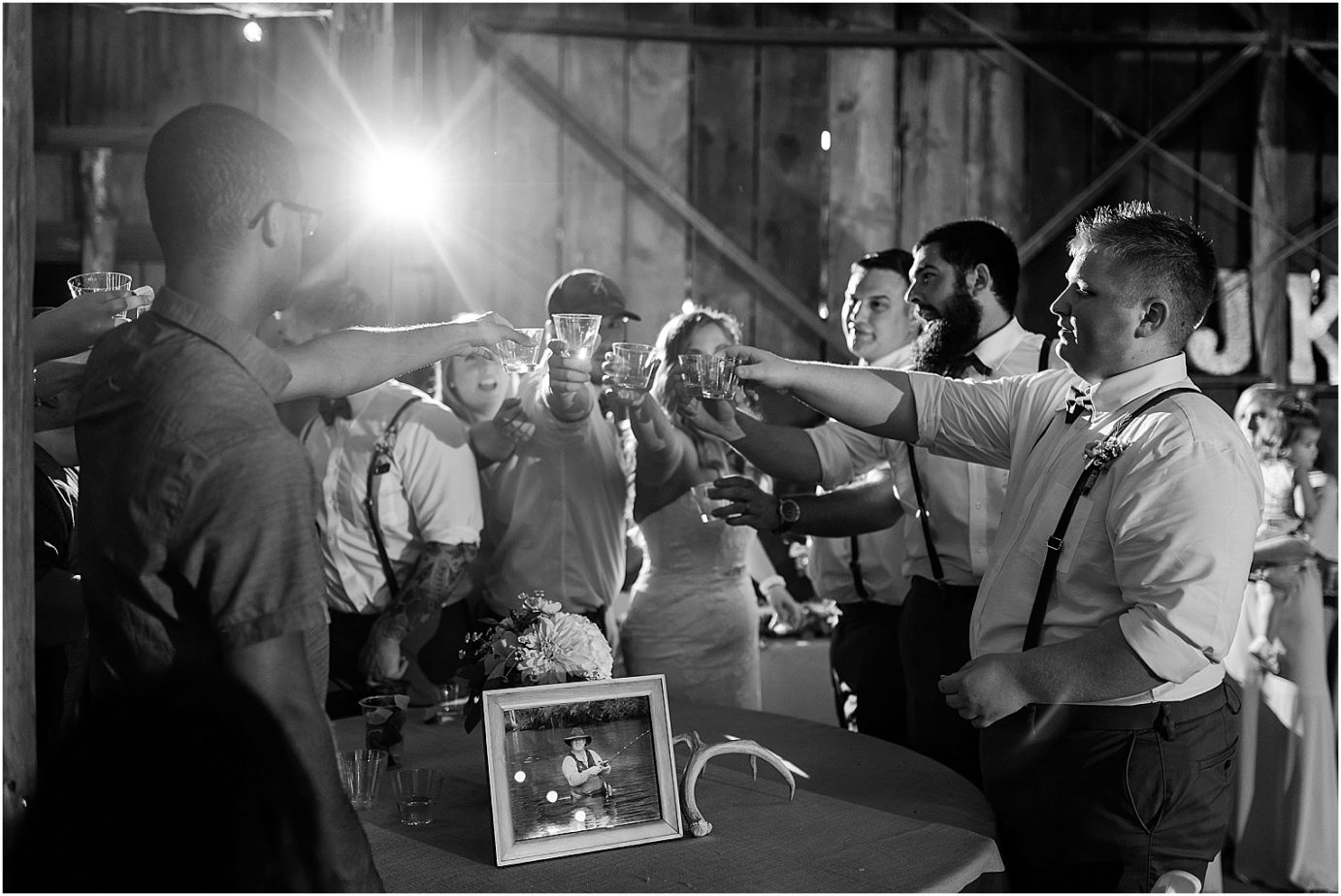 Barn at Blue Meadows Wedding Dayton WA Josh and Kendra remembering past friends with a shot