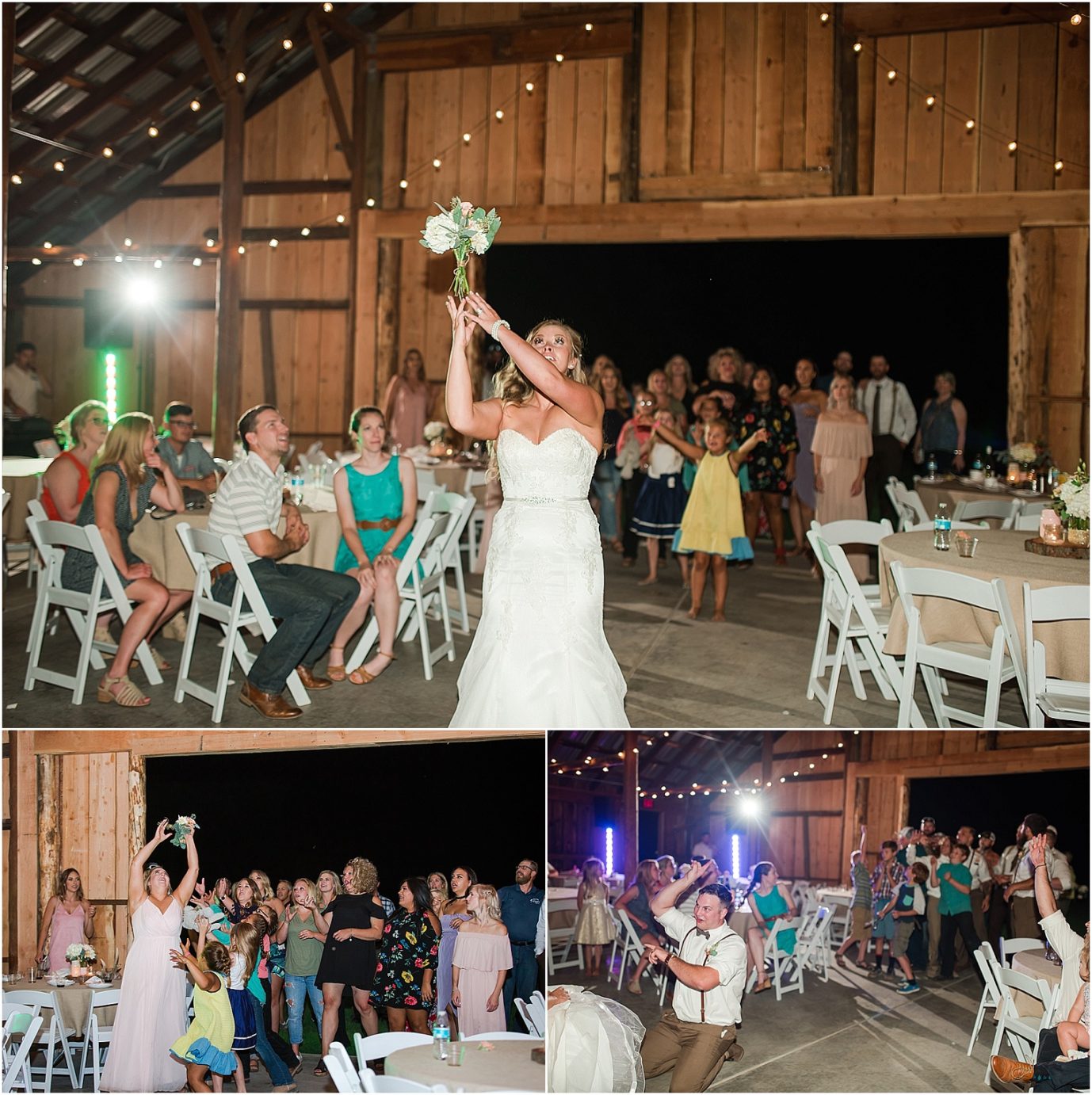 Barn at Blue Meadows Wedding Dayton WA Josh and Kendra bouquet garter toss