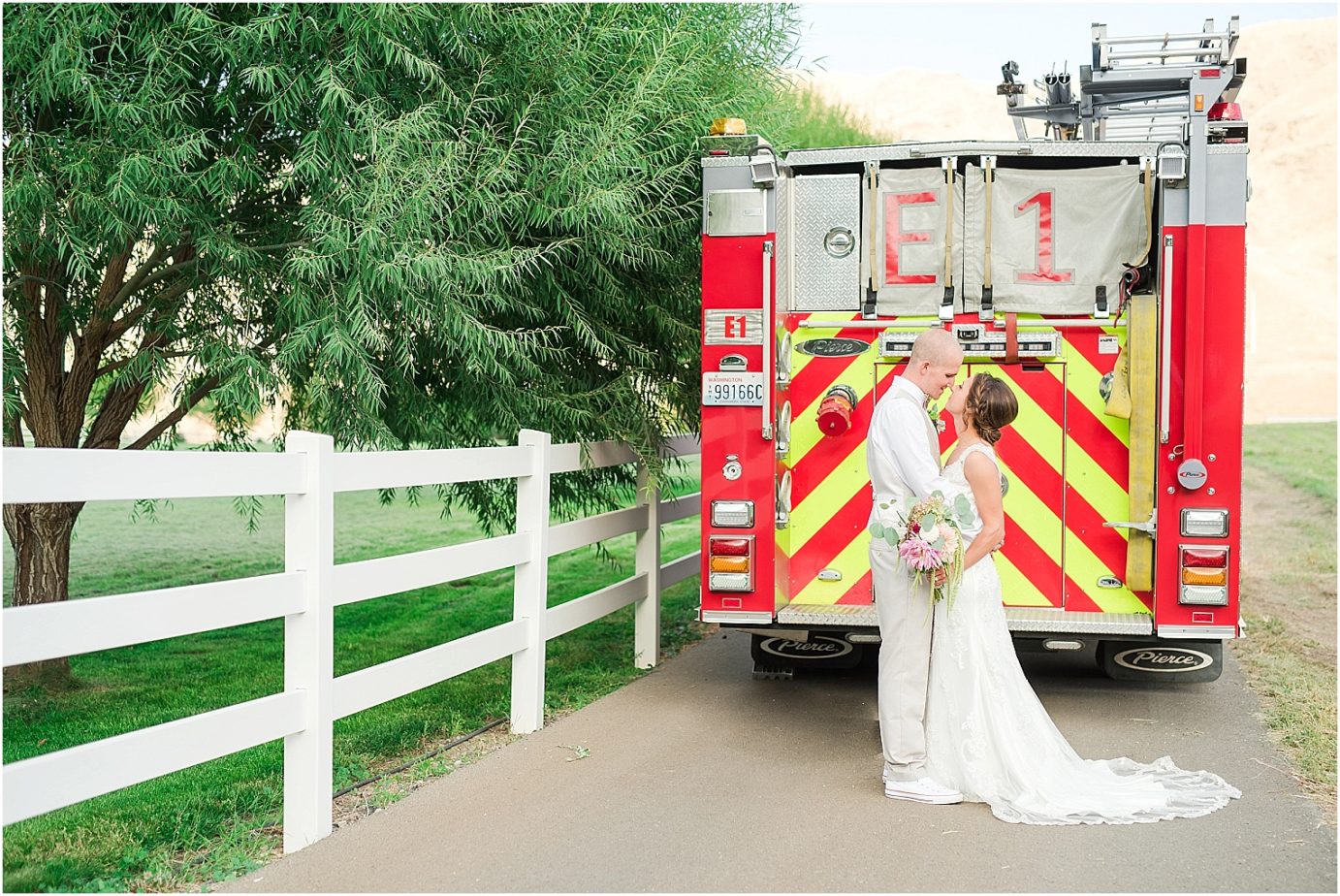 Backyard East Wenatchee Wedding Wenatchee Photographer Cody and Brooke bride and groom with fire truck