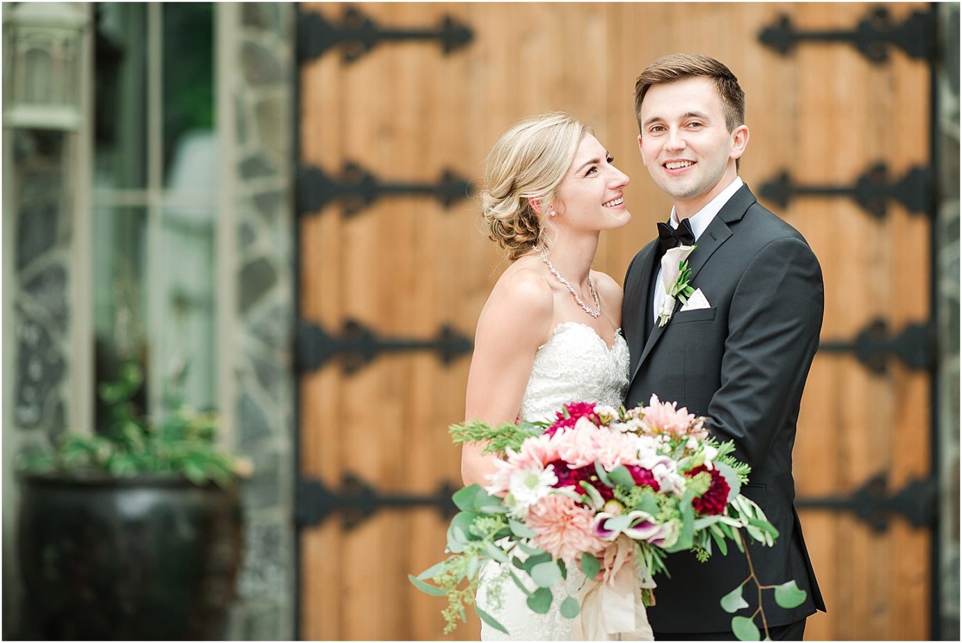 Terra Blanca Winery Wedding Benton City Photographer Armin and Kendall bride and groom by front door