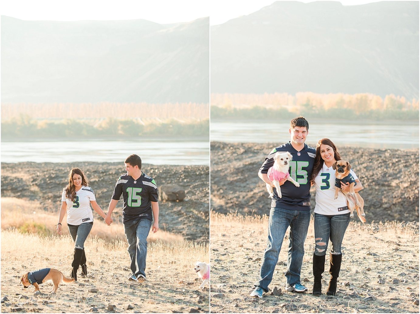 Fall engagement session by the river mattawa Photographer Jeff and Rocio couple with dogs by the river