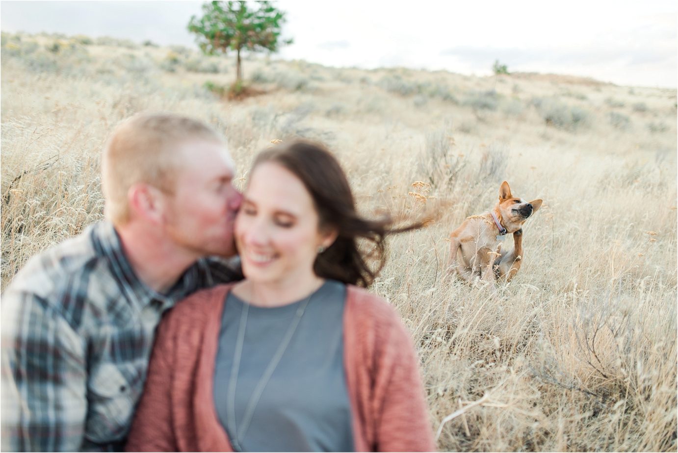 Klickitat County Engagement Session Roosevelt WA Ethan and Makaela couple snuggling in the country with red heeler