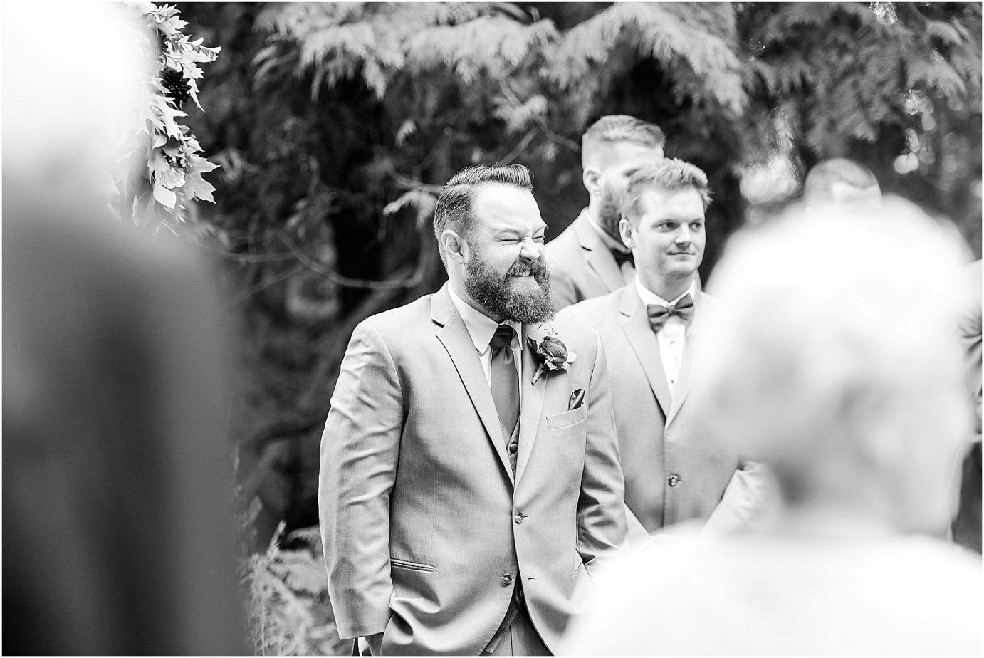 Ohme Garden Wedding Wenatchee Photographer Billy and Mali grooms first look during ceremony