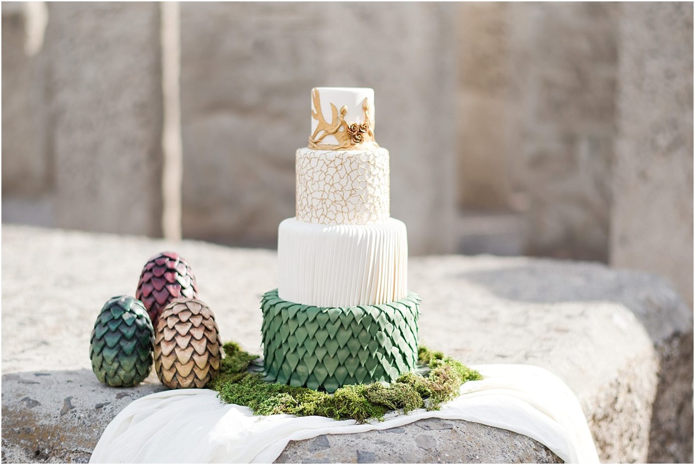 Game of Thrones wedding inspiration Goldendale WA Styled Shoot wedding cake with dragon scales