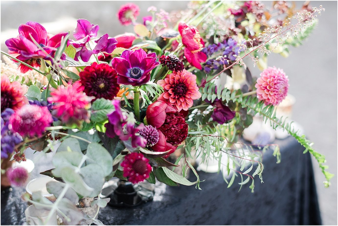 Game of Thrones wedding inspiration Goldendale WA Styled Shoot centerpiece with deep berry florals
