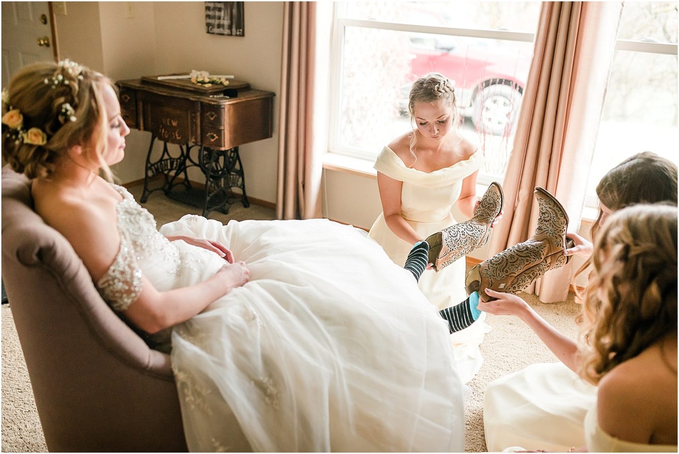 Winn Homestead Wedding bride getting into boots