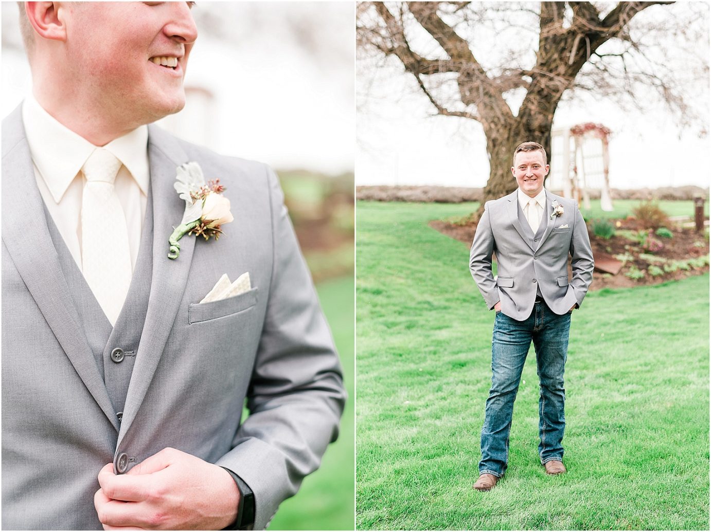 Winn Homestead Wedding groom in grey suit with jeans