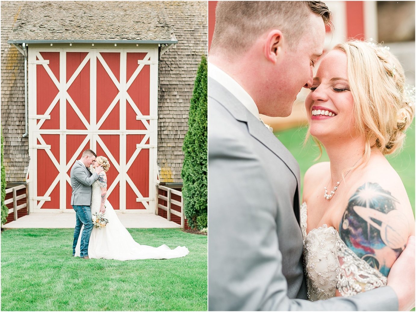 Winn Homestead Wedding bride and groom in front of barn