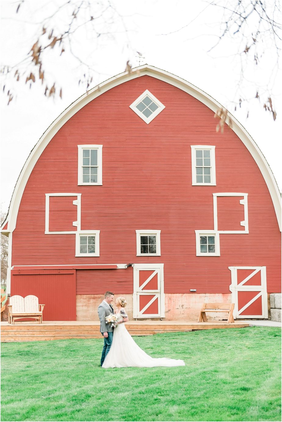 Winn Homestead Wedding bride and groom in front of barn