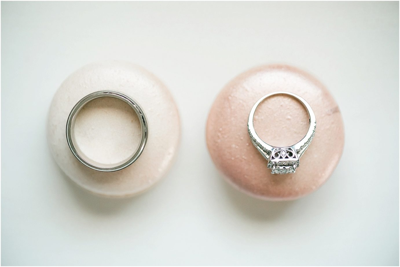 Bella Fiori Gardens wedding ring shot on macarons