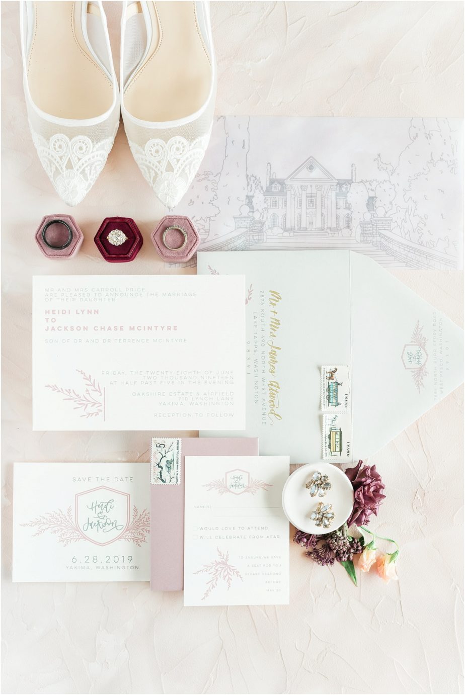 Oakshire Estate Wedding Inspiration shoot mauve and grey invitation suite