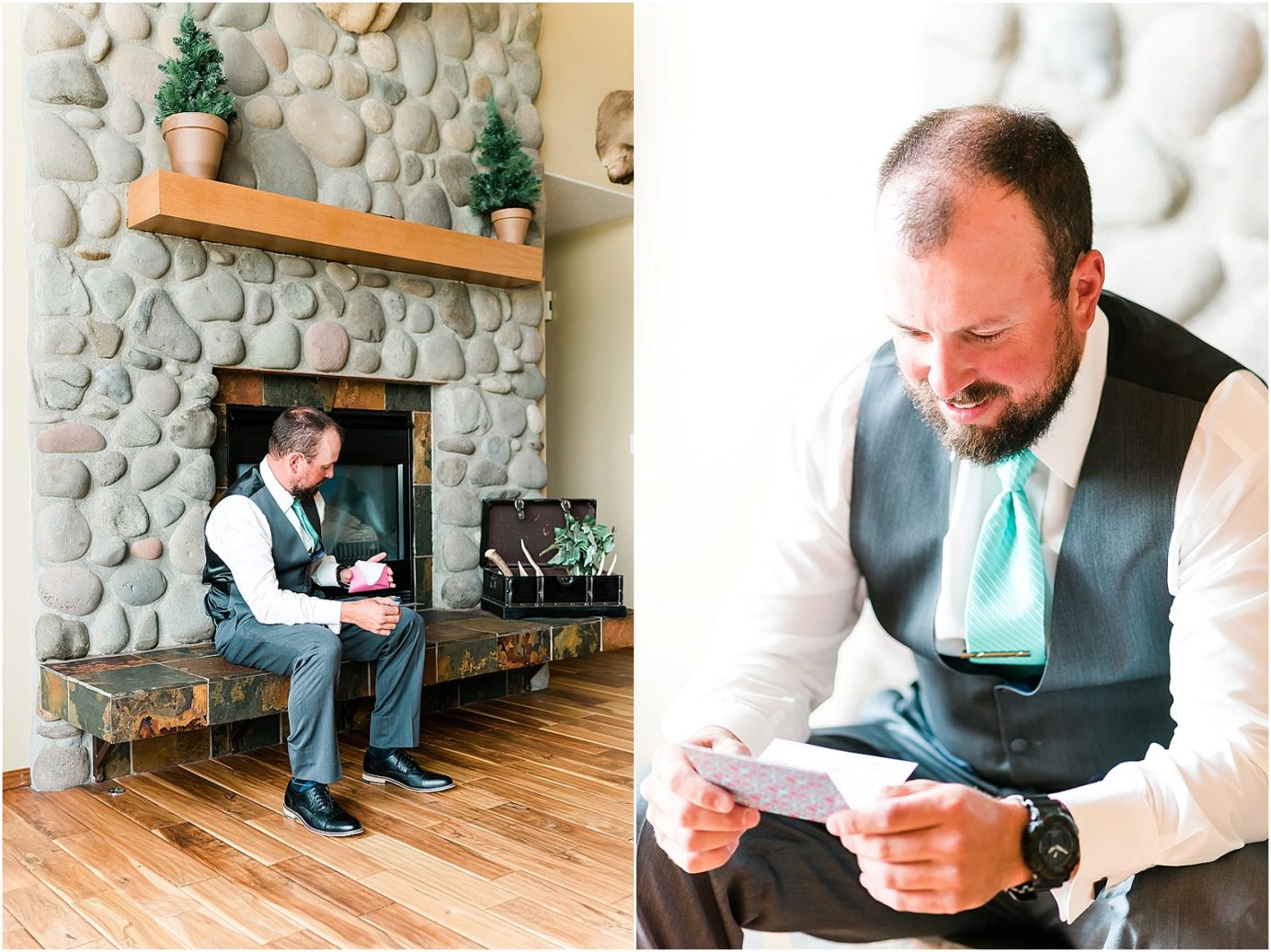 Walla walla wedding Mountain View Lodge Zac and Lauryn groom reading letter