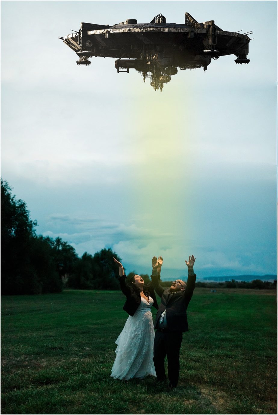 McIntosh Ranch Wedding Gemma and Forrest Ellensburg Photographer photoshopped photo of couple getting abducted by UFO