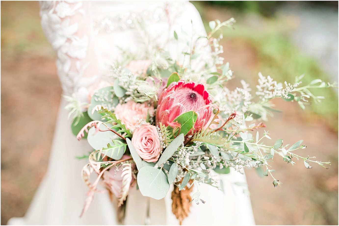 Intimate Leavenworth Elopement Rick and Tracey Leavenworth Photographer pink ice protea bouquet