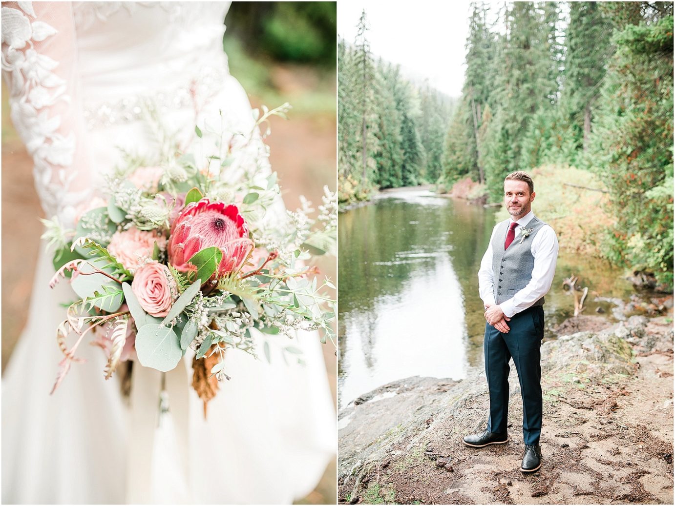 Intimate Leavenworth Elopement Rick and Tracey Leavenworth Photographer pink ice protea bouquet