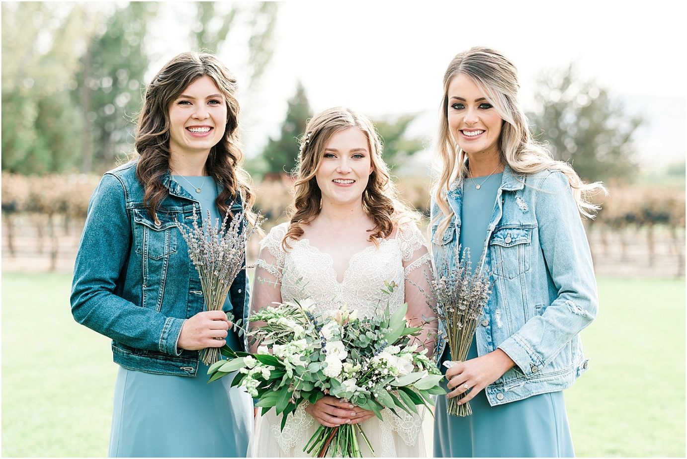Sugar pine barn wedding tucannon cellars Brandon and Chloe bridal party in dusty blue dresses