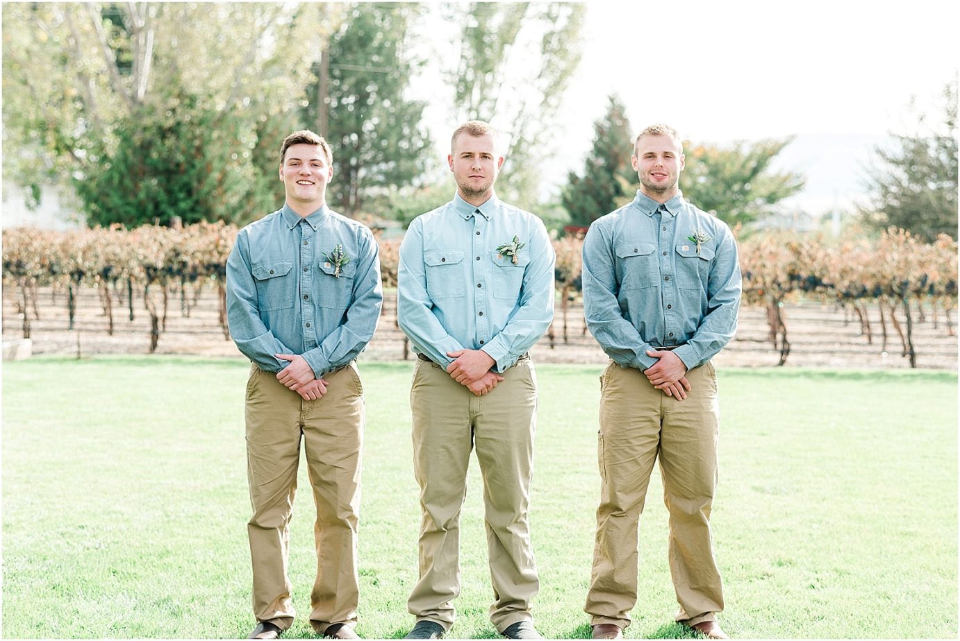 Sugar pine barn wedding tucannon cellars Brandon and Chloe groomsmen in dusty blue shirts