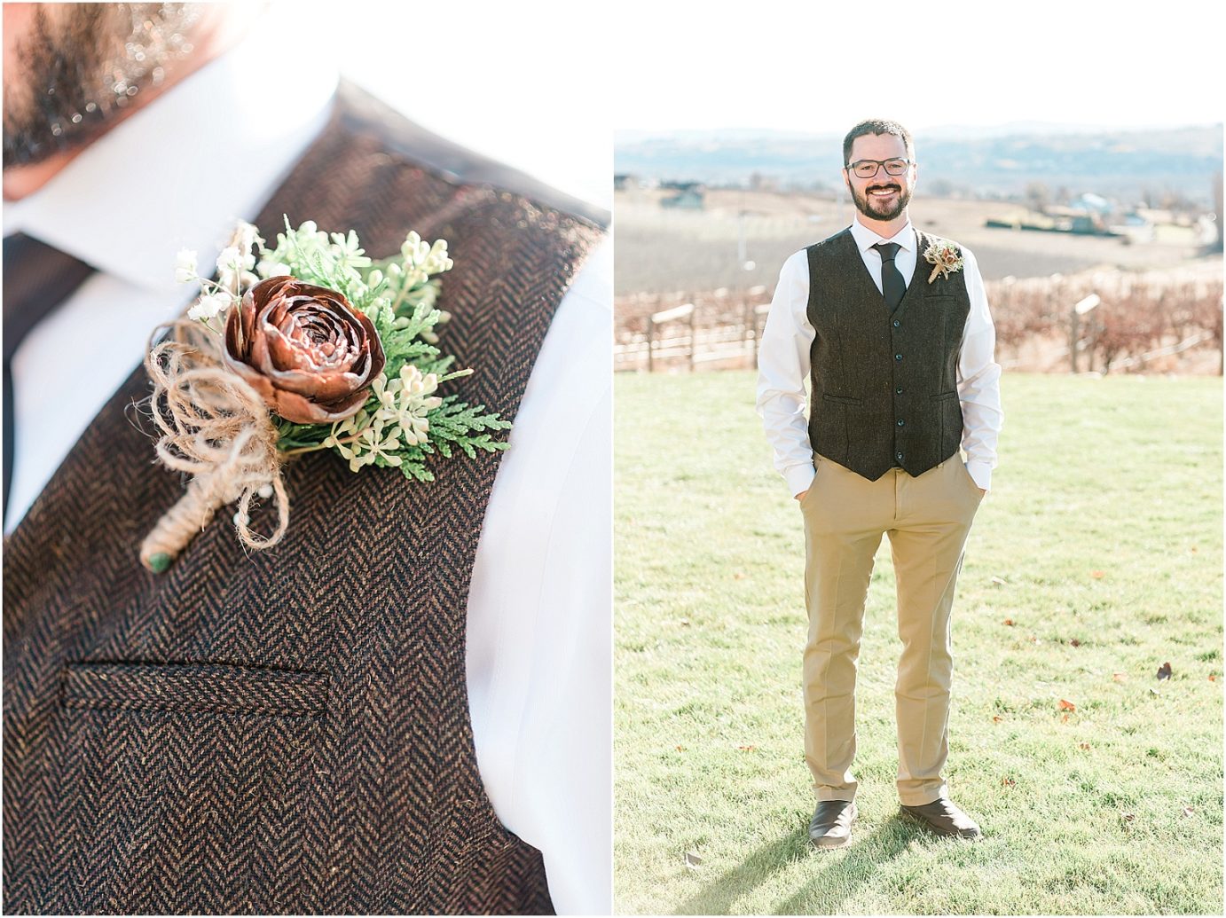 Fontaine Estate Winery Wedding groom in khakis and wool vest