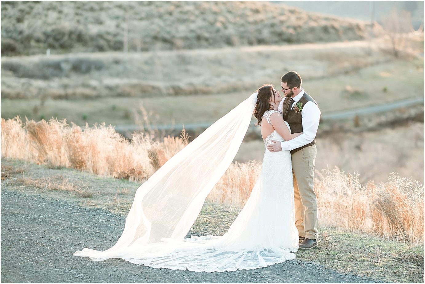 Fontaine Estate Winery Wedding just married sunset portraits by naches wedding photographer
