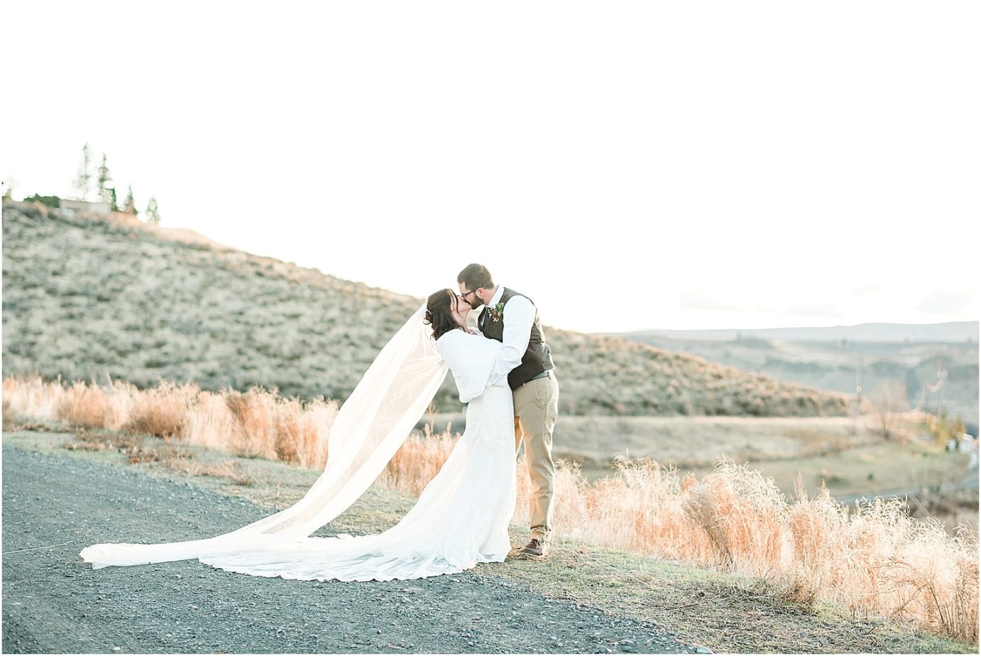 Fontaine Estate Winery Wedding just married sunset portraits with long veil