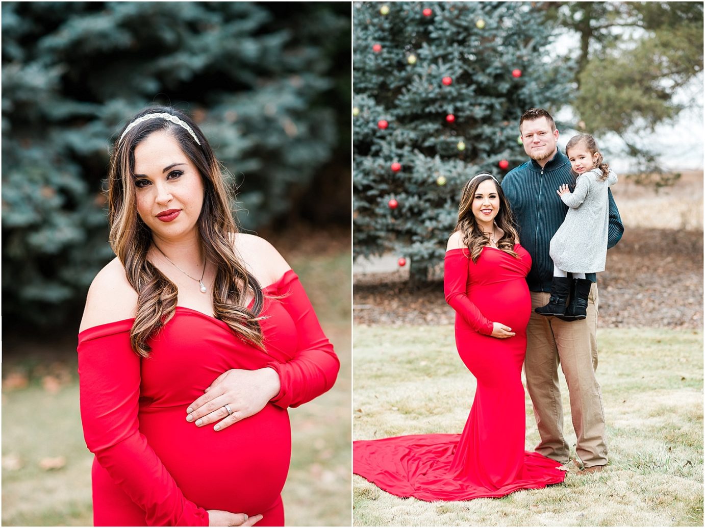 Maries maternity session prenant woman in long red dress with first child